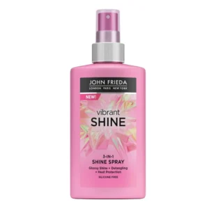 John Frieda Vibrant Shine Spray with Argan Oil adds glossy shine and detangles while providing heat protection up to 450°F.