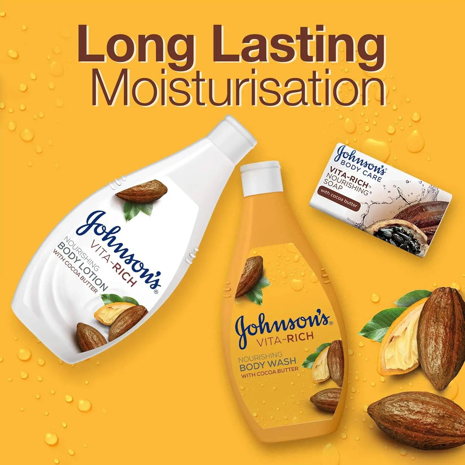 Johnson's Vita-Rich cocoa butter body wash provides 24-hour hydration with a rich, velvety formula, leaving skin soft and nourished thanks to cocoa butter and glycerin.