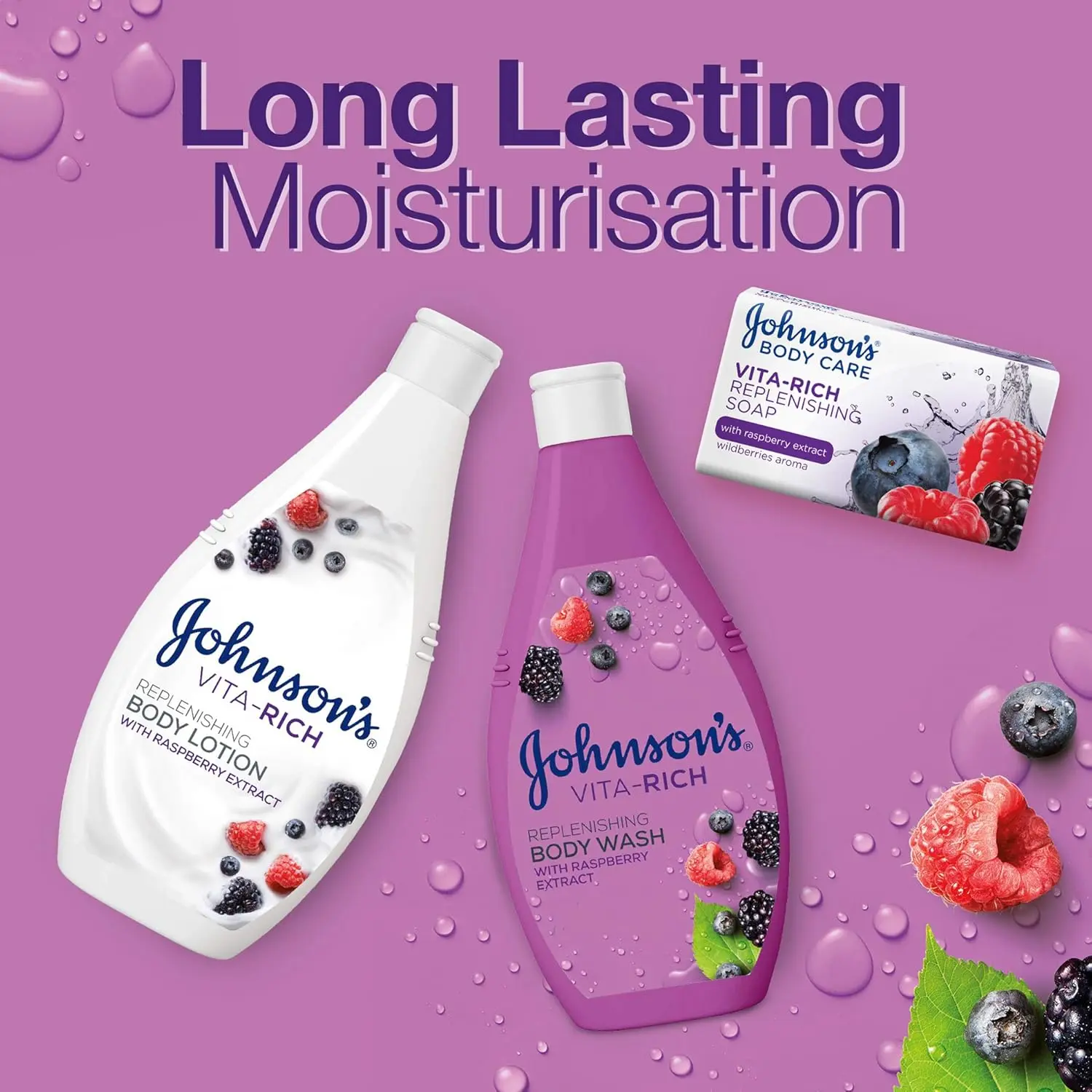 Johnson's Vita-Rich body wash enriched with raspberry extract and wild berries, provides long-lasting 24-hour hydration and gentle cleansing for dry skin.
