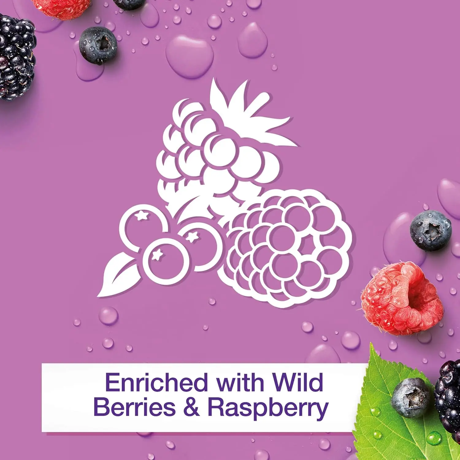 Johnson's Vita-Rich body wash enriched with raspberry extract and wild berries, provides long-lasting 24-hour hydration and gentle cleansing for dry skin.