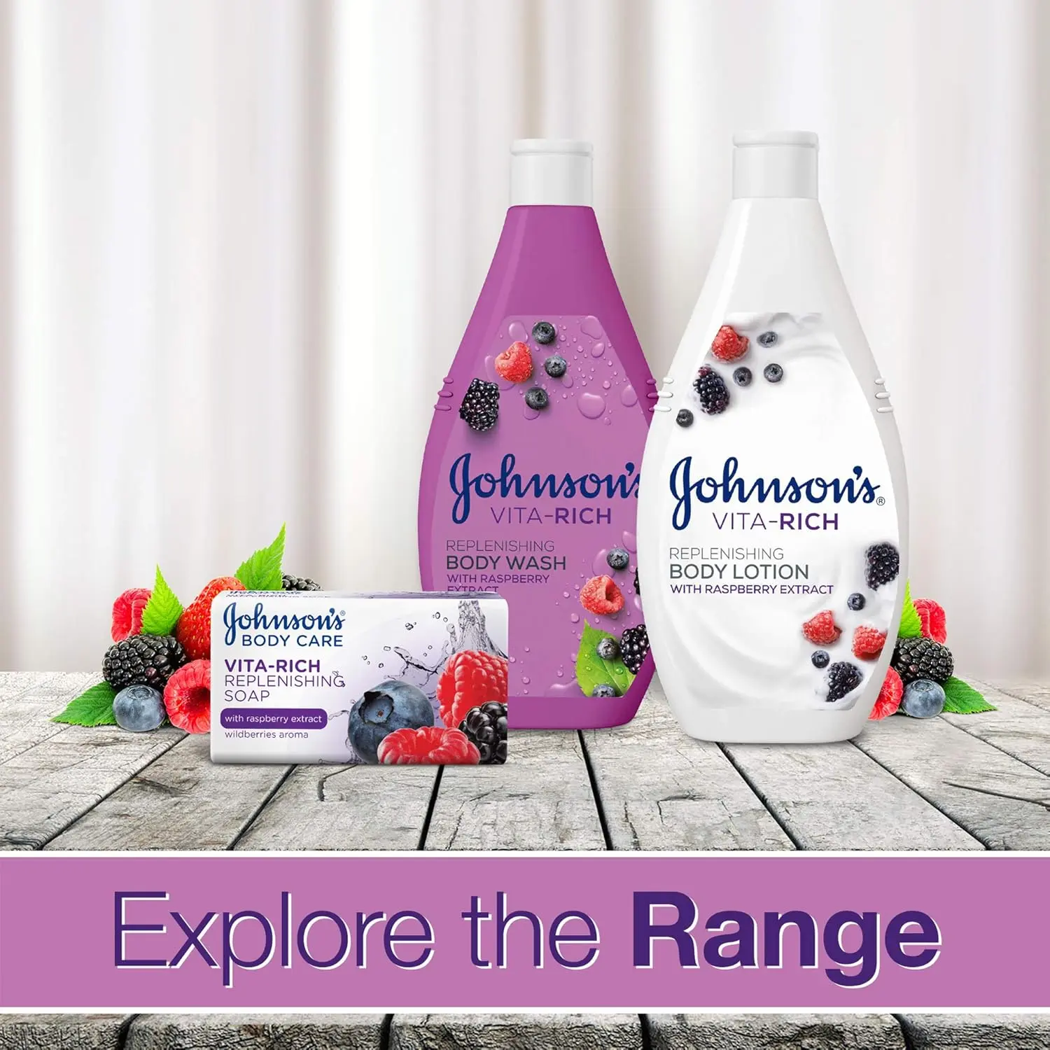 Johnson's Vita-Rich body wash enriched with raspberry extract and wild berries, provides long-lasting 24-hour hydration and gentle cleansing for dry skin.