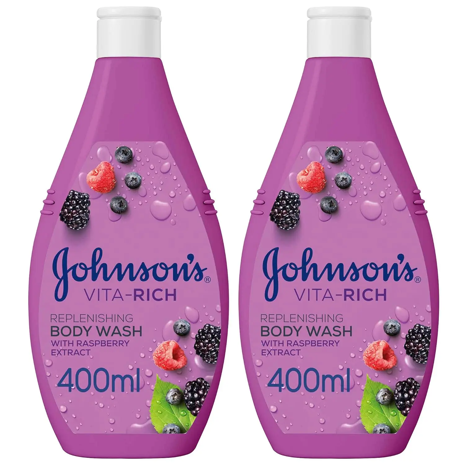 Johnson's Vita-Rich body wash enriched with raspberry extract and wild berries, provides long-lasting 24-hour hydration and gentle cleansing for dry skin.