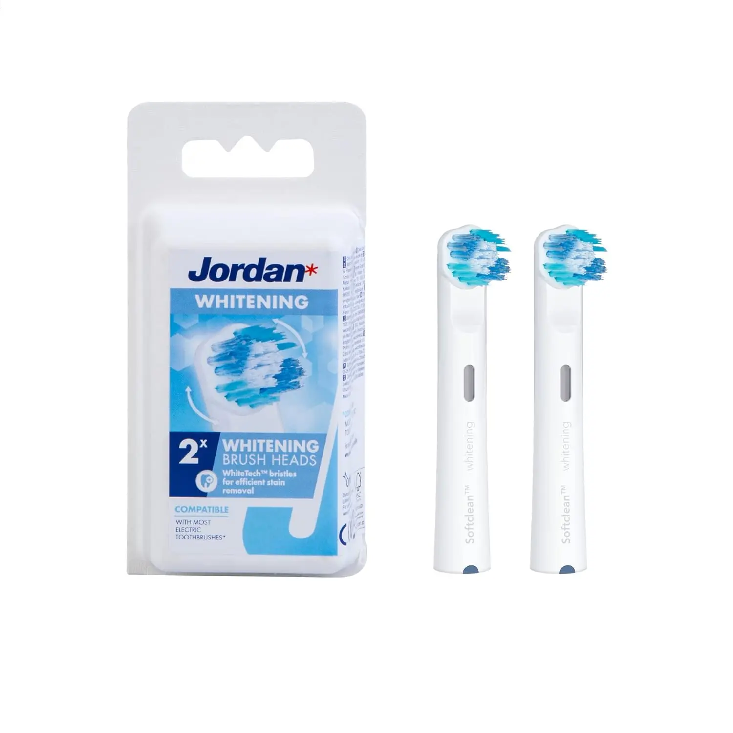 A small, white Jordan Clean Smile whitening brush head effectively removes plaque and stains, offering thorough and gentle cleaning for compatible electric toothbrushes.