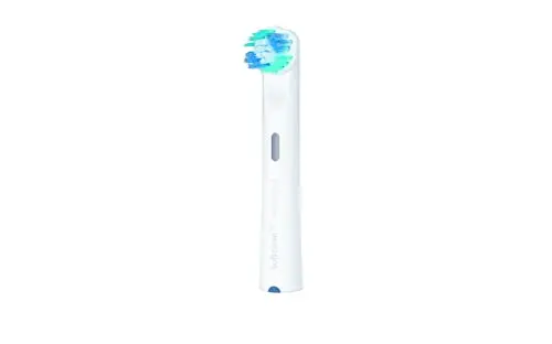 A small, white Jordan Clean Smile whitening brush head effectively removes plaque and stains, offering thorough and gentle cleaning for compatible electric toothbrushes.
