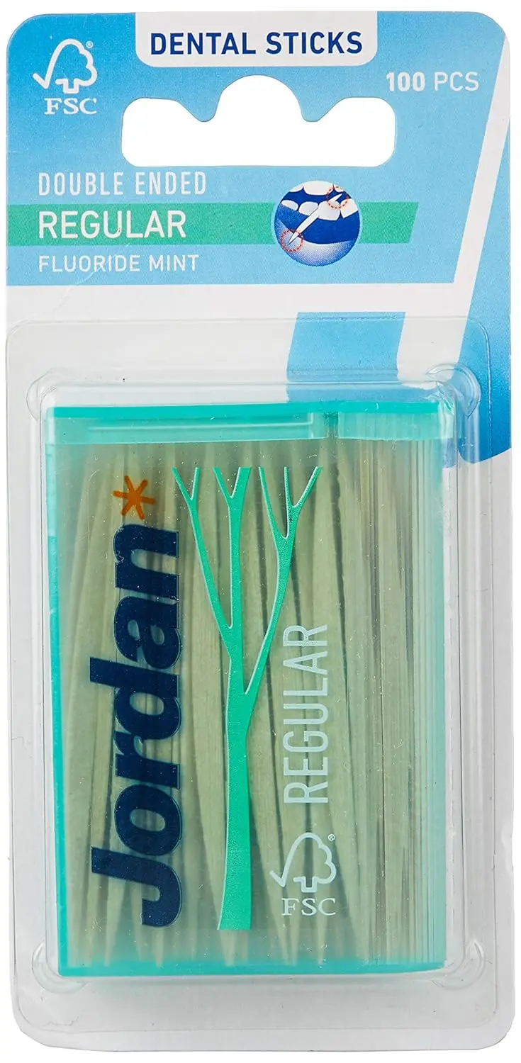 Jordan dental sticks made from Nordic birch wood with fluoride mint flavor for improved cleaning.