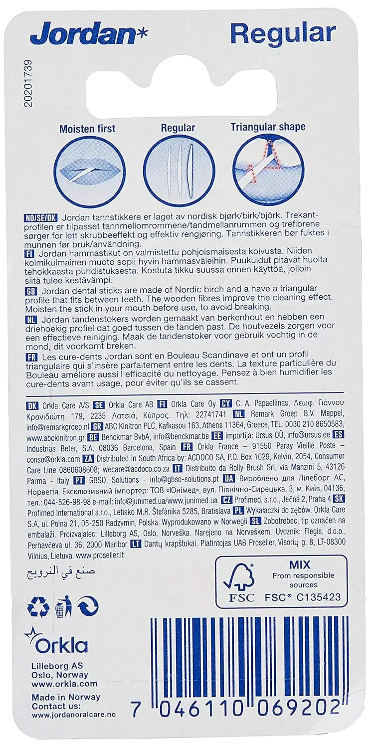 Jordan dental sticks made from Nordic birch wood with fluoride mint flavor for improved cleaning.