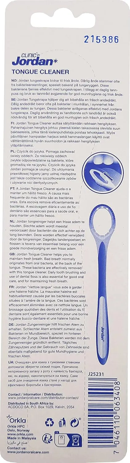 This Jordan Clinic tongue cleaner features an ergonomic handle for a comfortable and effective cleaning experience, ensuring firm grip and ease of use.
