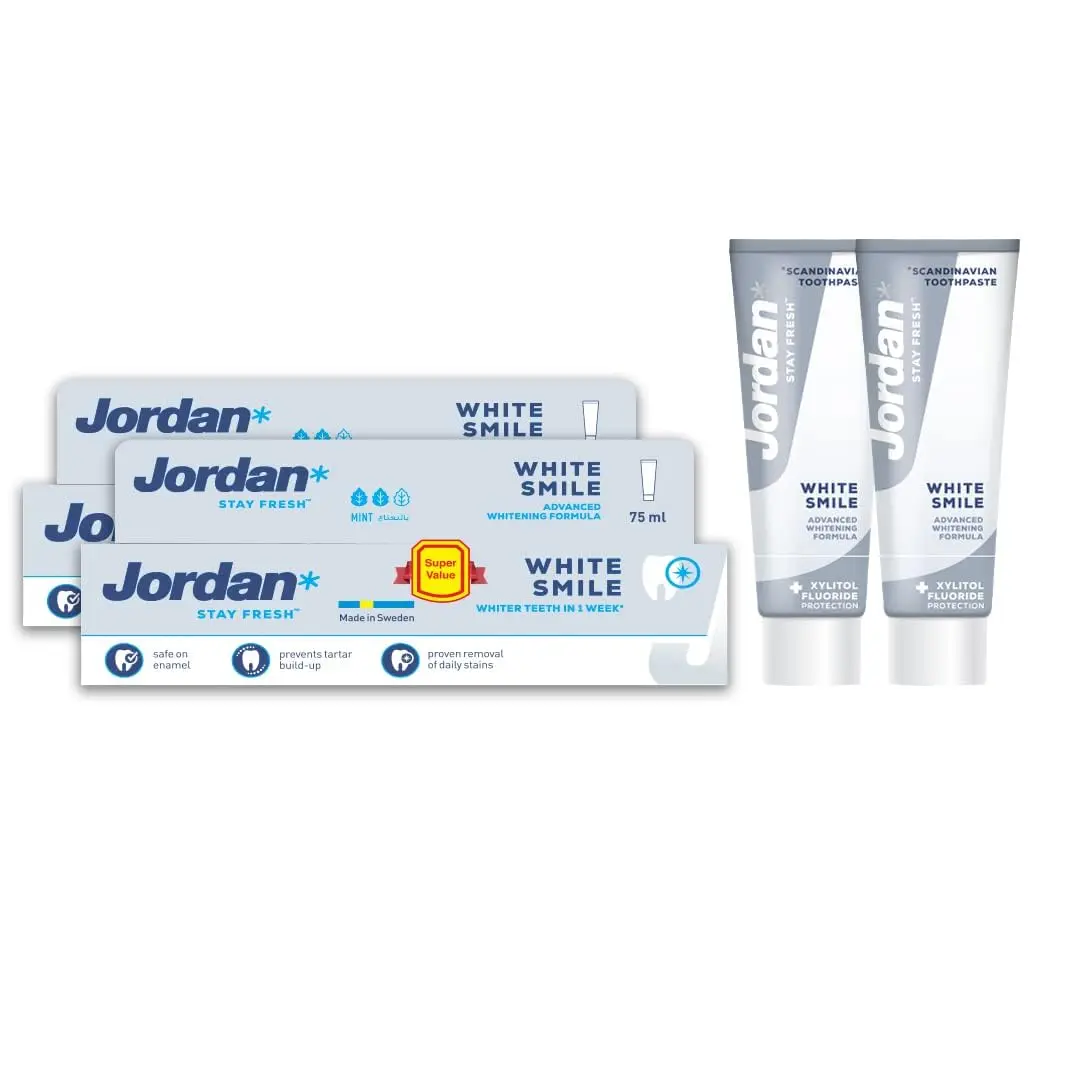 Two tubes of Jordan White Smile toothpaste for stain removal and naturally whiter teeth, gentle on enamel.