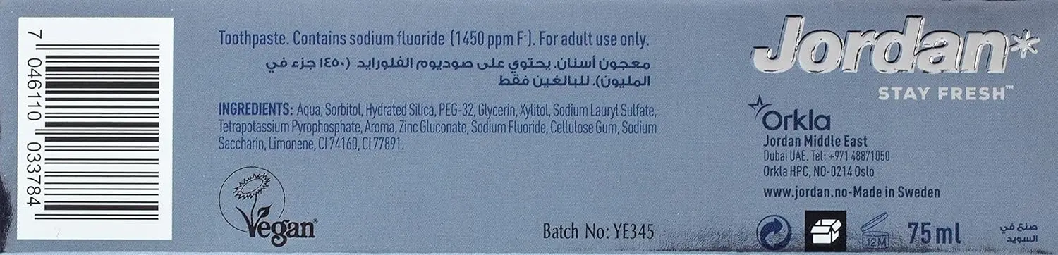 Two tubes of Jordan White Smile toothpaste for stain removal and naturally whiter teeth, gentle on enamel.