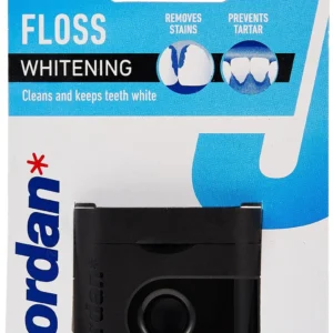 Jordan Whitening Dental Floss with fluoride and activated charcoal in new recyclable packaging offers sustainable and plastic-free dental care for cleaning and cavity protection.