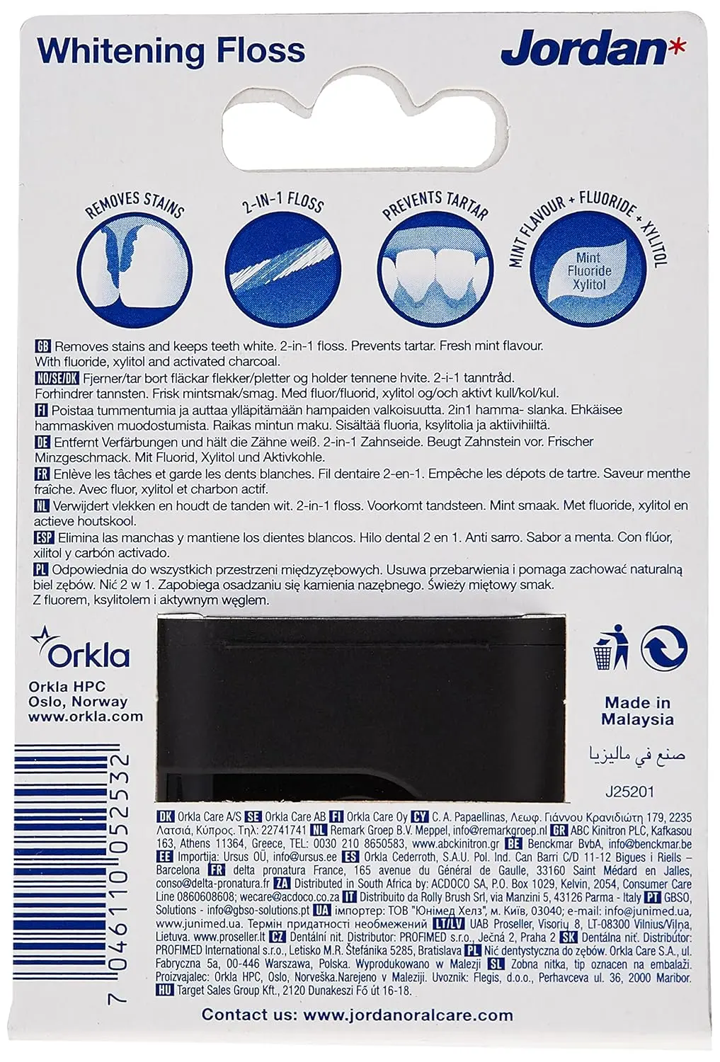 Jordan Whitening Dental Floss with fluoride and activated charcoal in new recyclable packaging offers sustainable and plastic-free dental care for cleaning and cavity protection.
