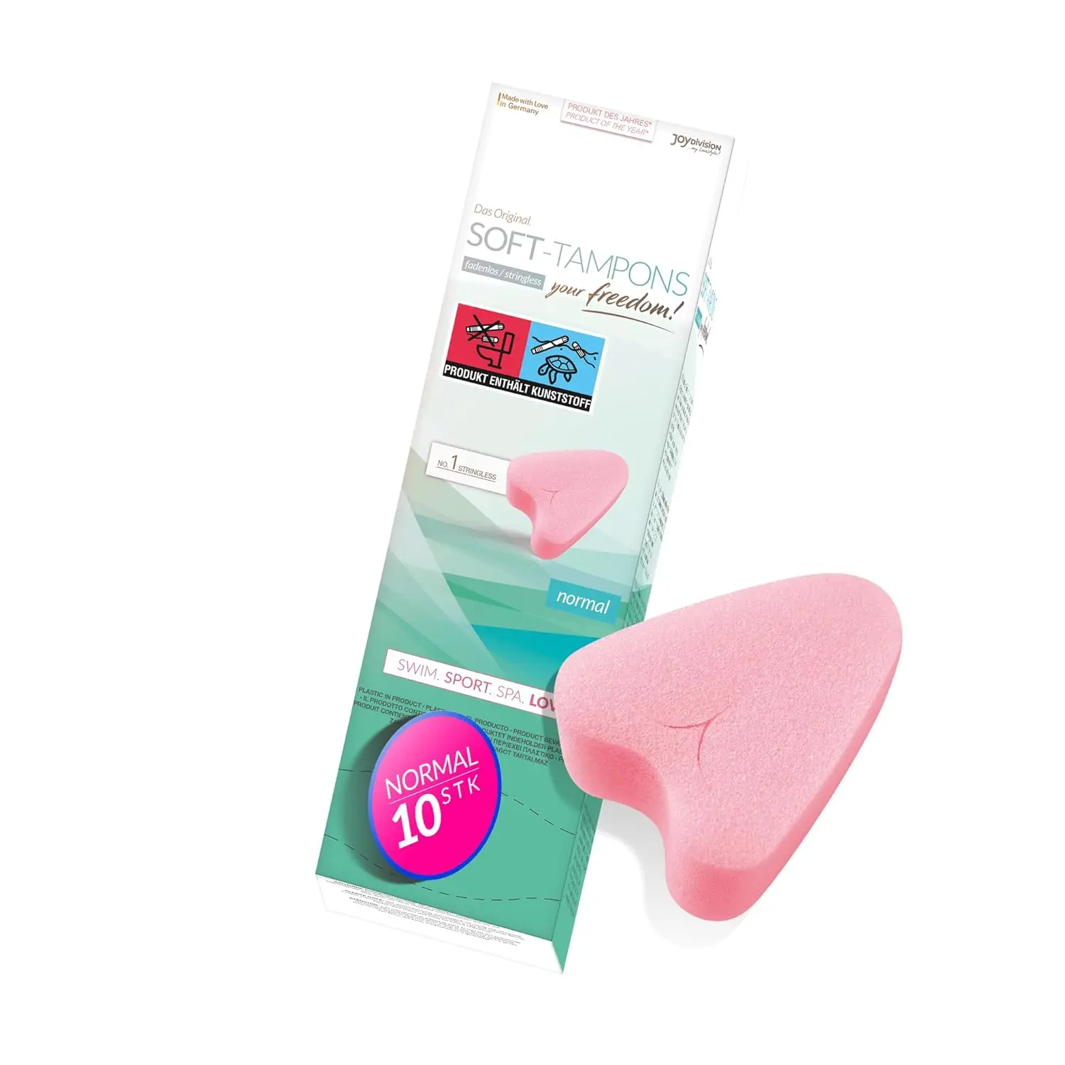 A pack of ten Joydivision soft tampons for swimming, sports, and comfortable period protection.
