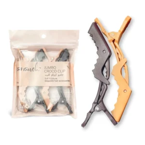 Parvaneh extra large beige and brown alligator hair clips, 13.8 cm long, perfect for sectioning thick, long hair during salon styling.