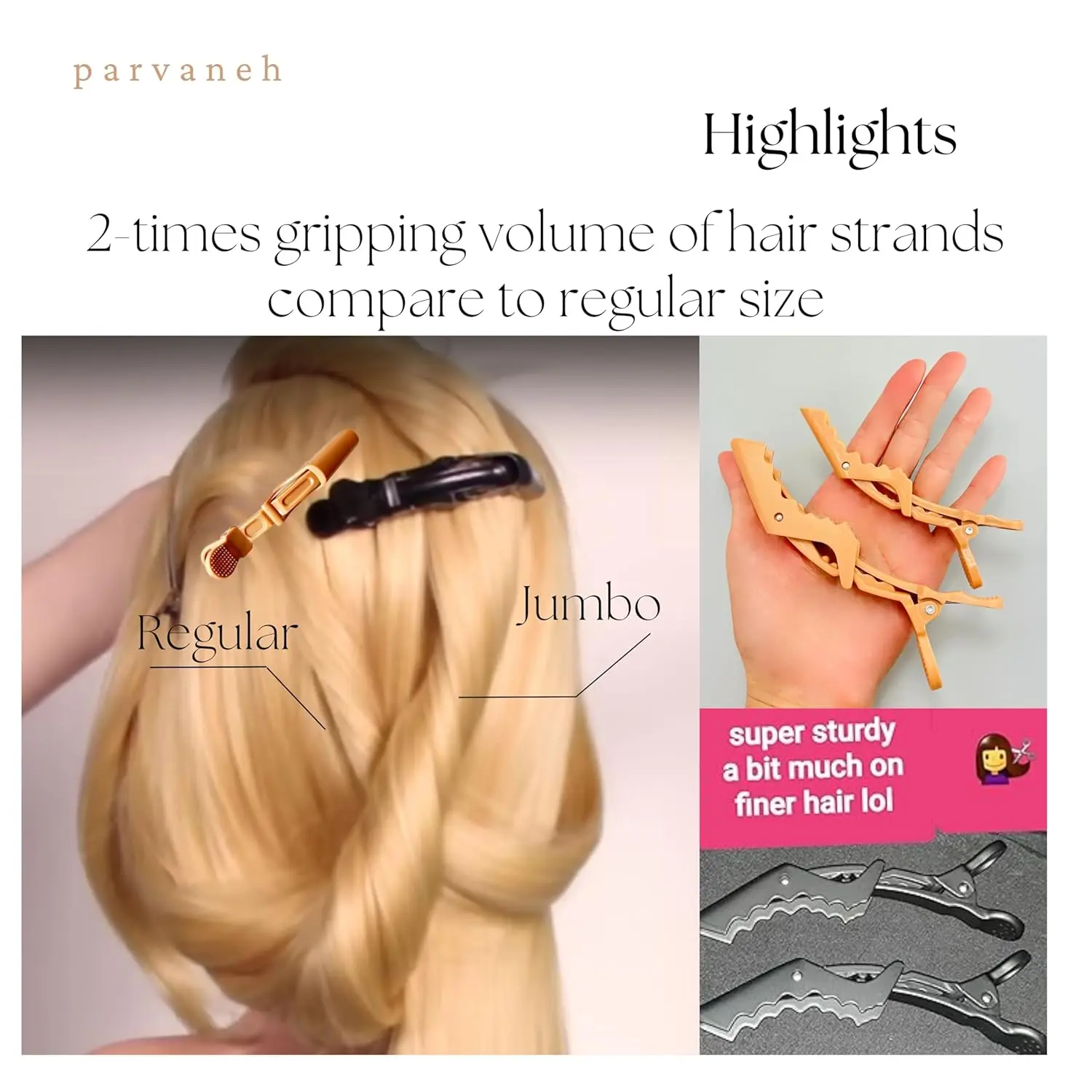 Parvaneh extra large beige and brown alligator hair clips, 13.8 cm long, perfect for sectioning thick, long hair during salon styling.