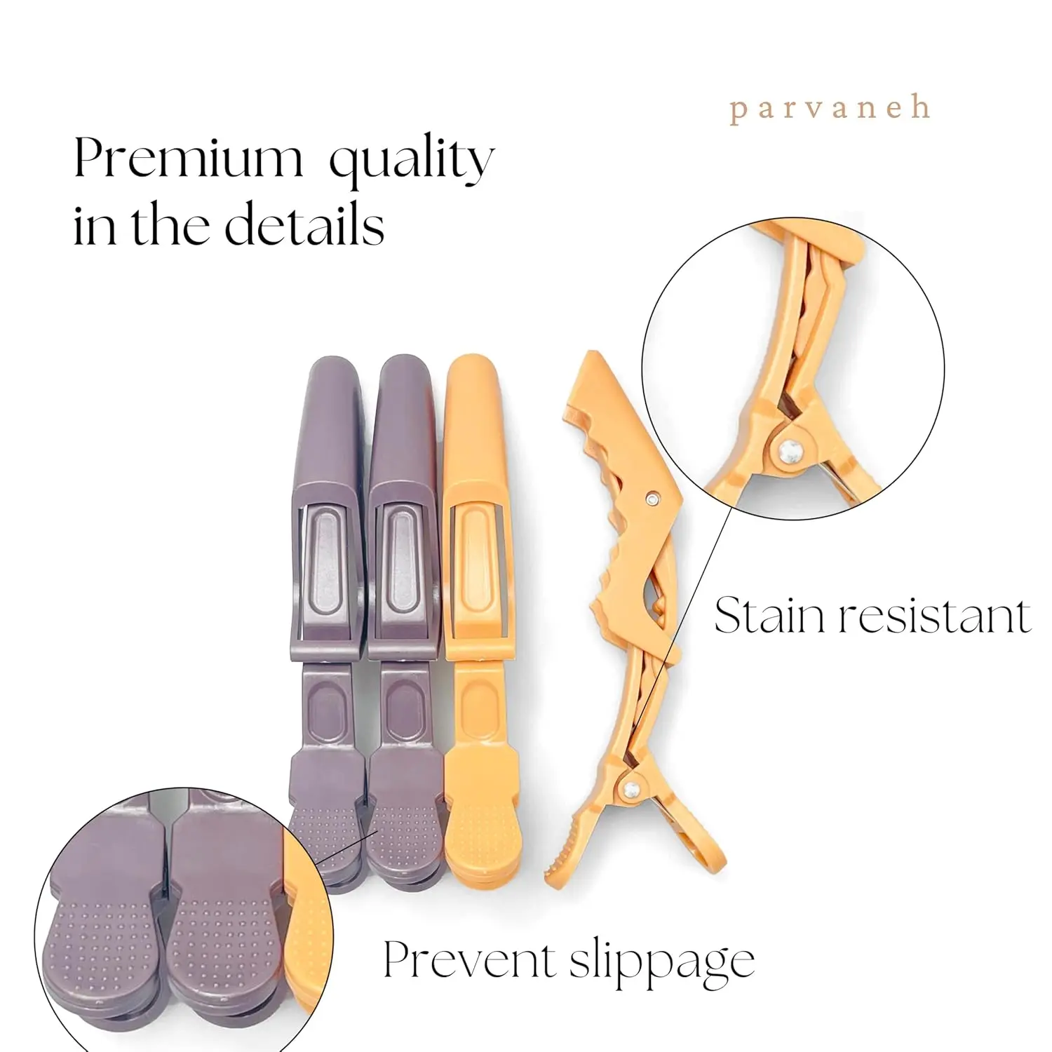 Parvaneh extra large beige and brown alligator hair clips, 13.8 cm long, perfect for sectioning thick, long hair during salon styling.