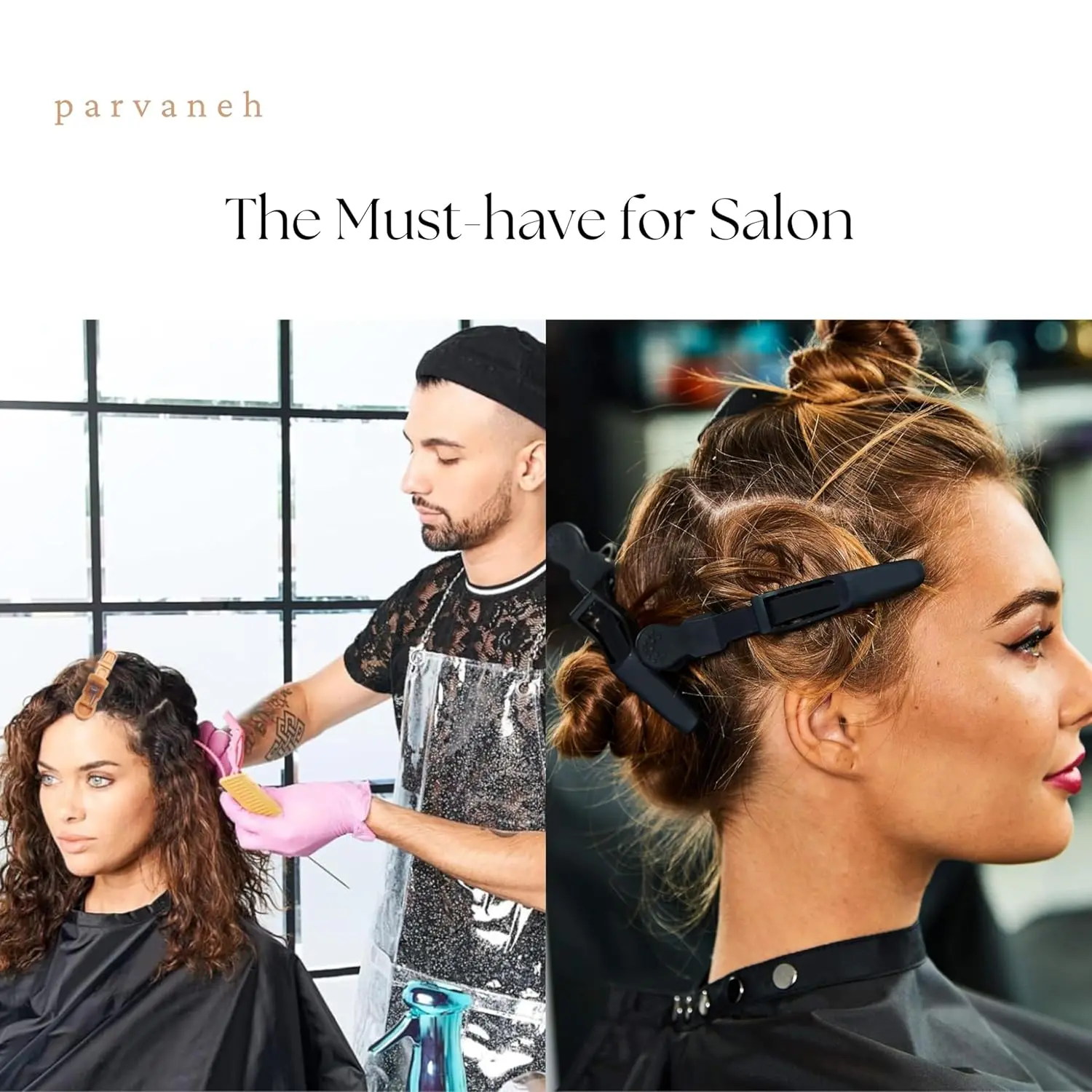 Parvaneh extra large beige and brown alligator hair clips, 13.8 cm long, perfect for sectioning thick, long hair during salon styling.