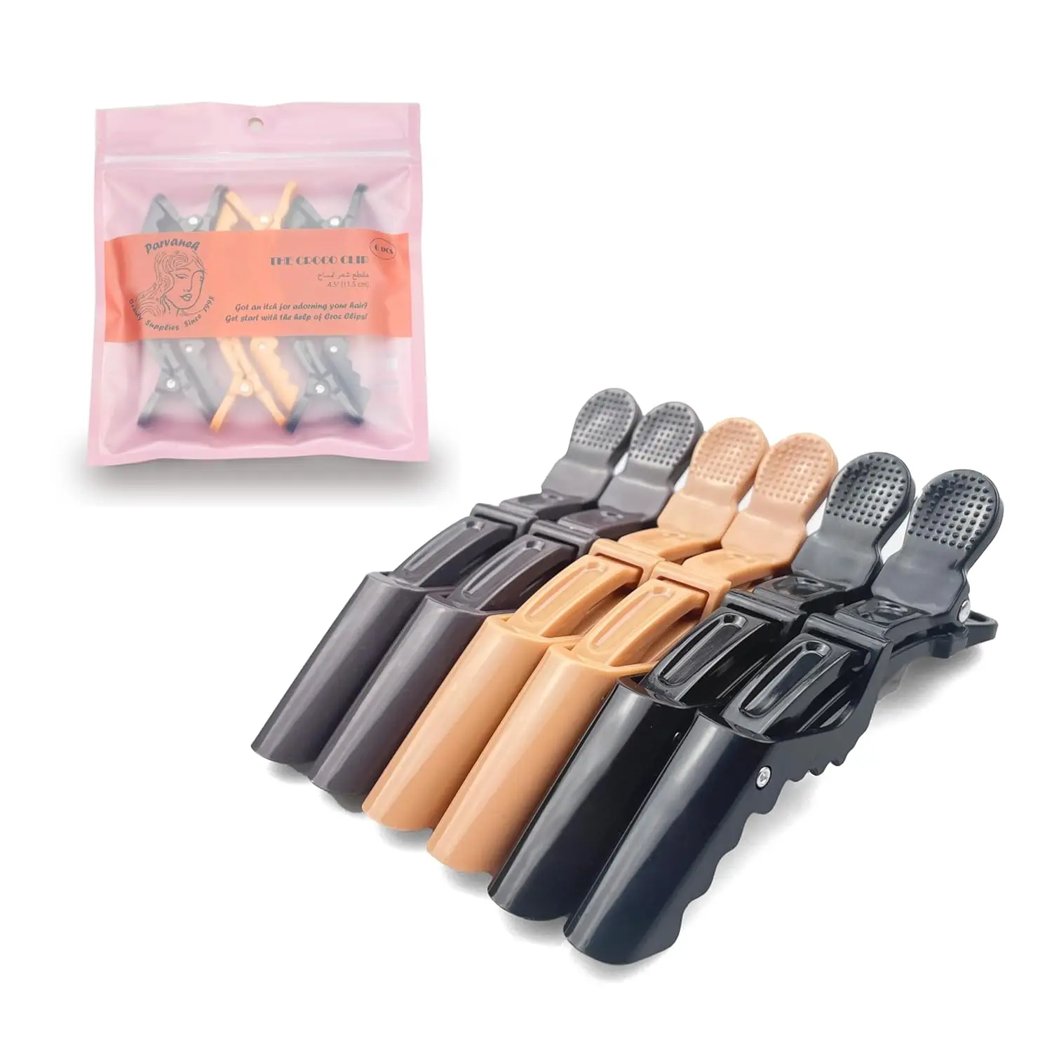 Parvaneh extra large beige and brown alligator hair clips, 13.8 cm long, perfect for sectioning thick, long hair during salon styling.