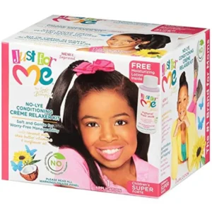Just For Me No-Lye Conditioning Creme Relaxer Super Kit loosens natural hair textures while keeping a child's hair looking youthful with sunflower oil.