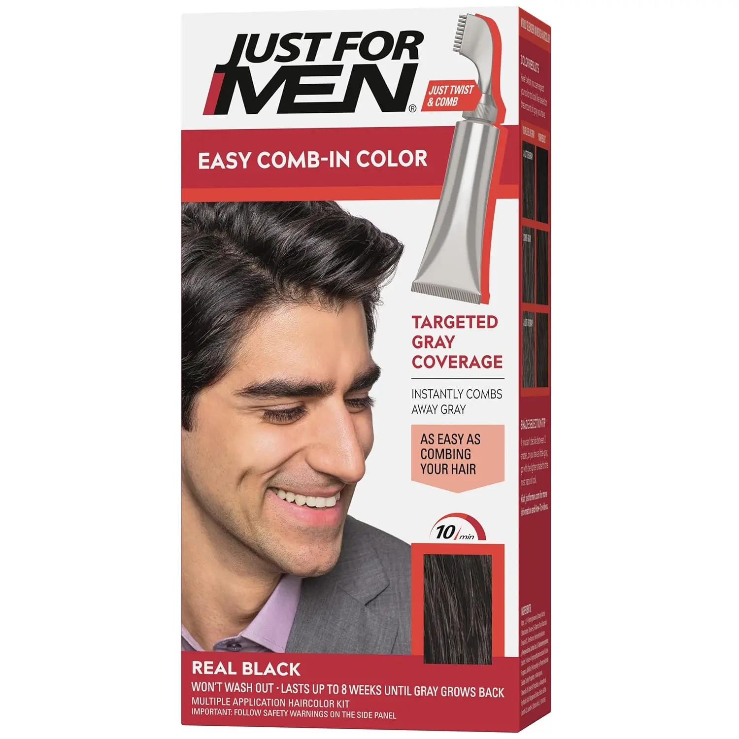 Just For Men Real Black hair color with comb applicator provides easy, no-mix gray hair coverage in just 10 minutes, lasting up to 8 weeks.