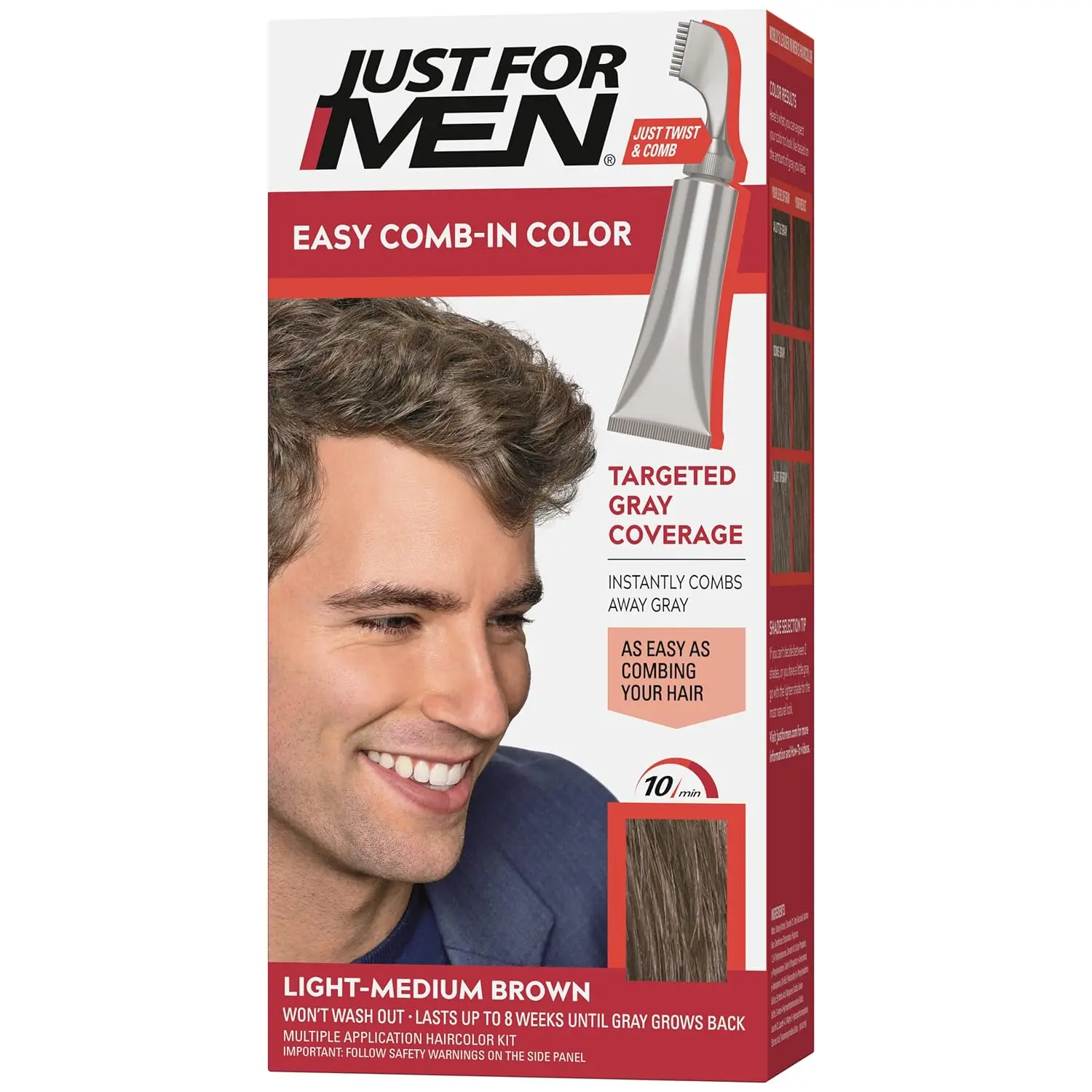 Just For Men Real Black hair color with comb applicator provides easy, no-mix gray hair coverage in just 10 minutes, lasting up to 8 weeks.