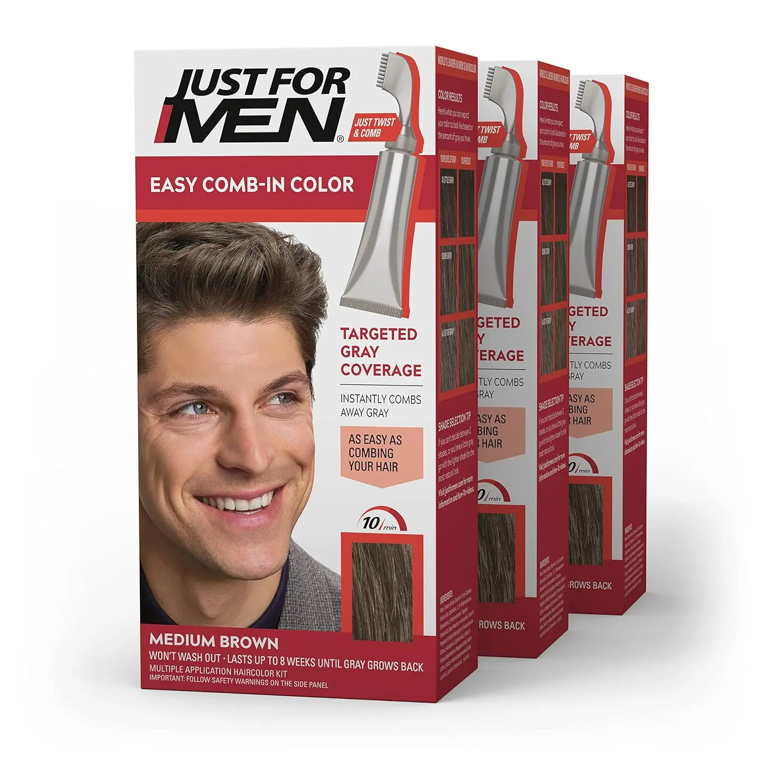 Just For Men Real Black hair color with comb applicator provides easy, no-mix gray hair coverage in just 10 minutes, lasting up to 8 weeks.