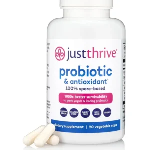 Just Thrive probiotic supplement with spore-based formula for enhanced digestive and immune health, delivering antioxidants directly to the gut.