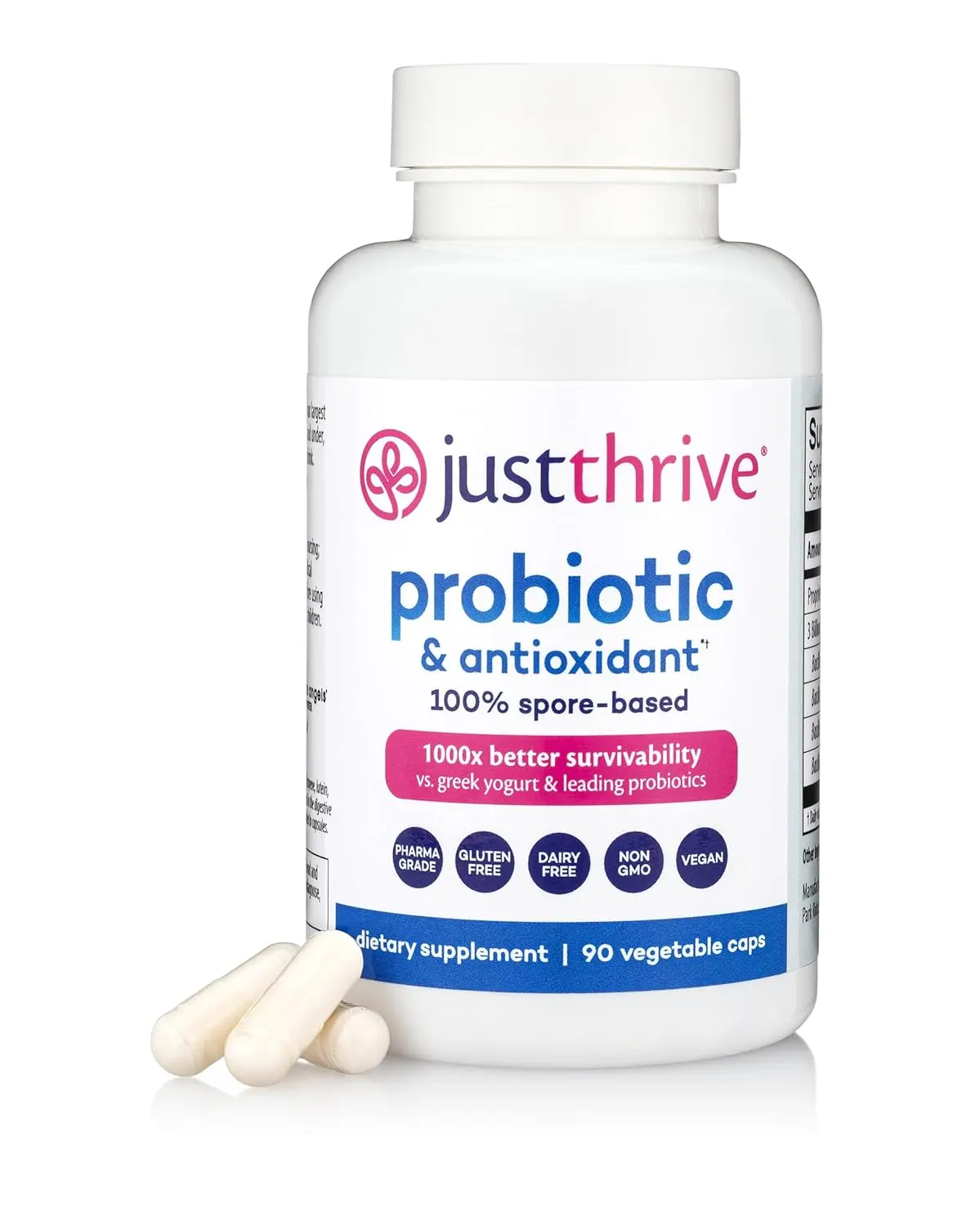 Just Thrive probiotic supplement with spore-based formula for enhanced digestive and immune health, delivering antioxidants directly to the gut.