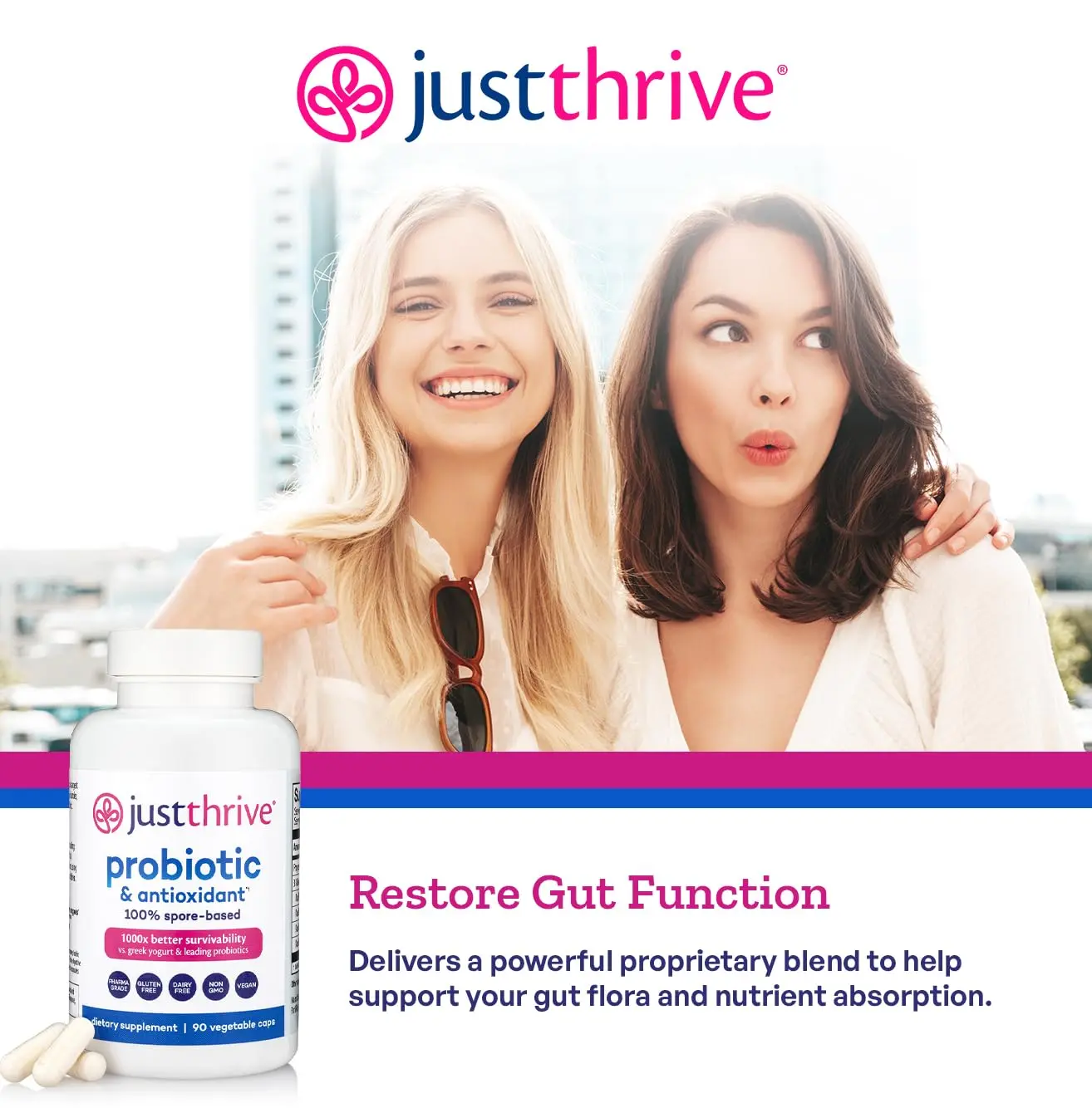 Just Thrive probiotic supplement with spore-based formula for enhanced digestive and immune health, delivering antioxidants directly to the gut.