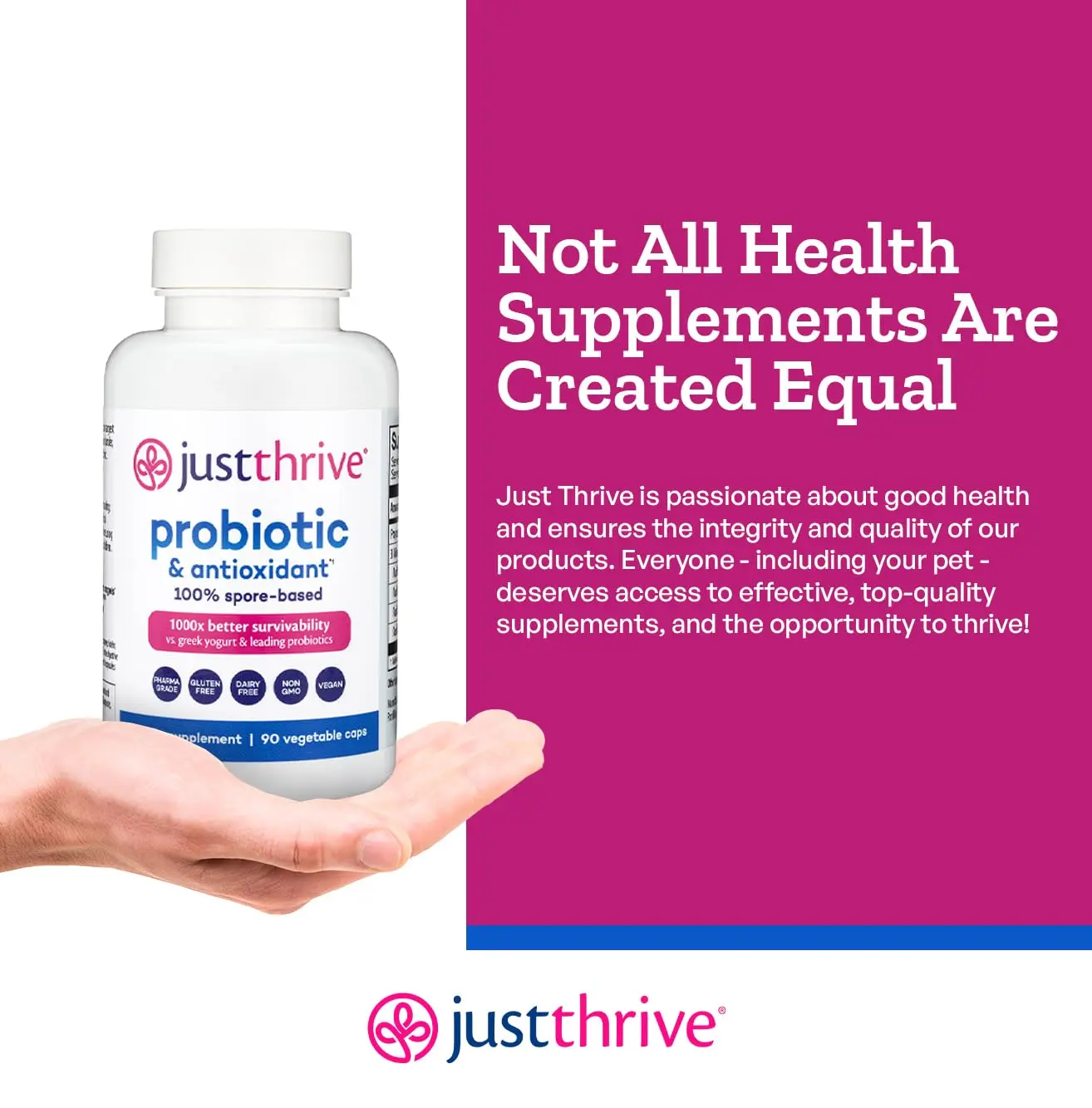 Just Thrive probiotic supplement with spore-based formula for enhanced digestive and immune health, delivering antioxidants directly to the gut.