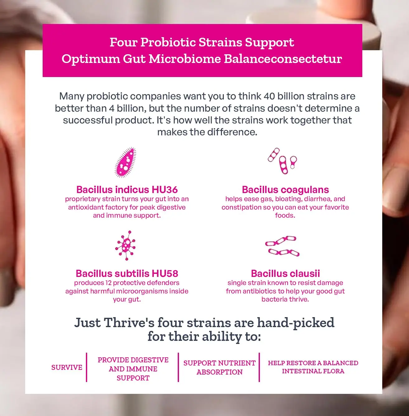 Just Thrive probiotic supplement with spore-based formula for enhanced digestive and immune health, delivering antioxidants directly to the gut.