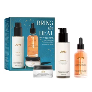 This three-piece JVN hair care set includes instant recovery serum, nourishing shine drops, and blowout styling milk to strengthen, add shine, improve manageability, and reduce frizz for all hair types.