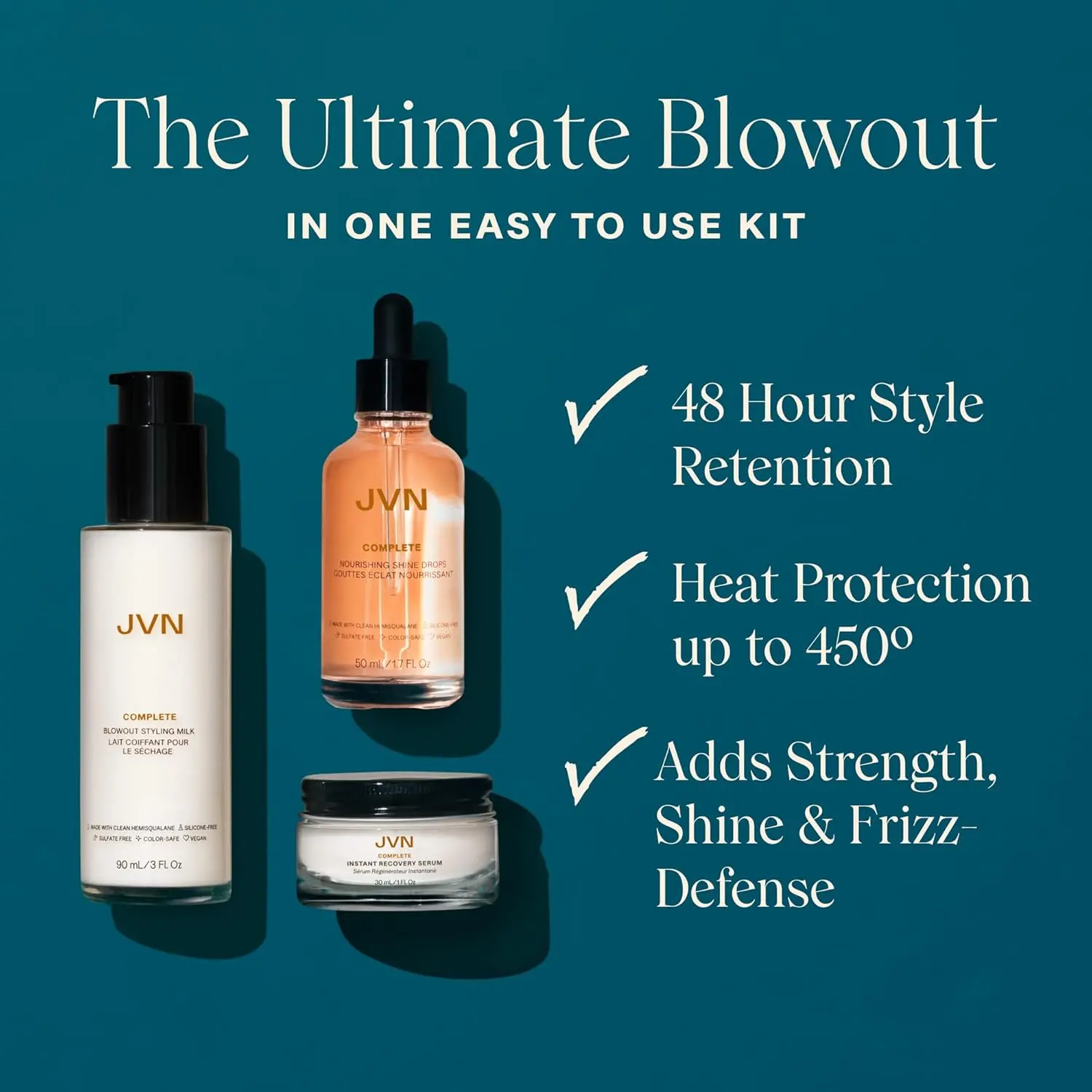 This three-piece JVN hair care set includes instant recovery serum, nourishing shine drops, and blowout styling milk to strengthen, add shine, improve manageability, and reduce frizz for all hair types.