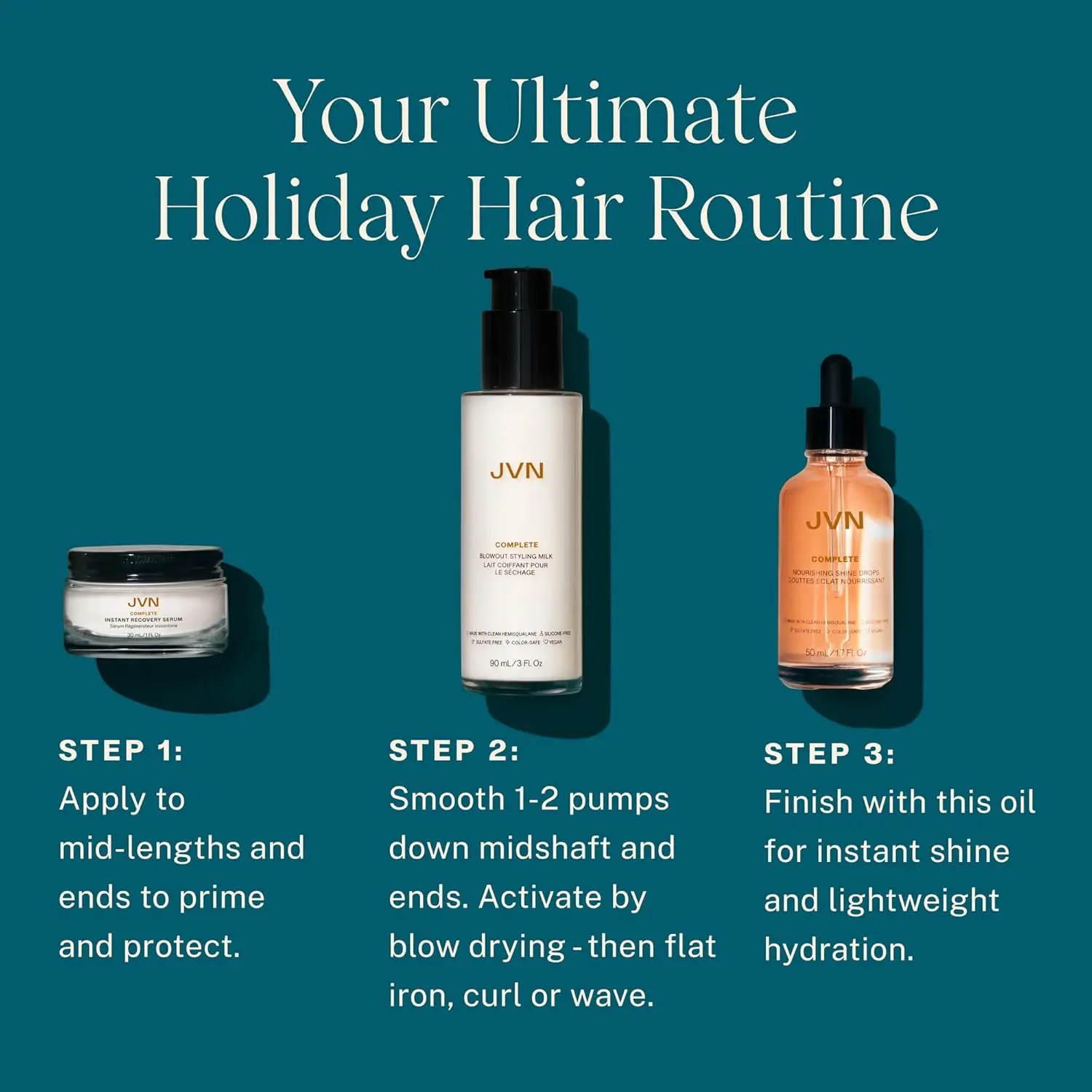 This three-piece JVN hair care set includes instant recovery serum, nourishing shine drops, and blowout styling milk to strengthen, add shine, improve manageability, and reduce frizz for all hair types.