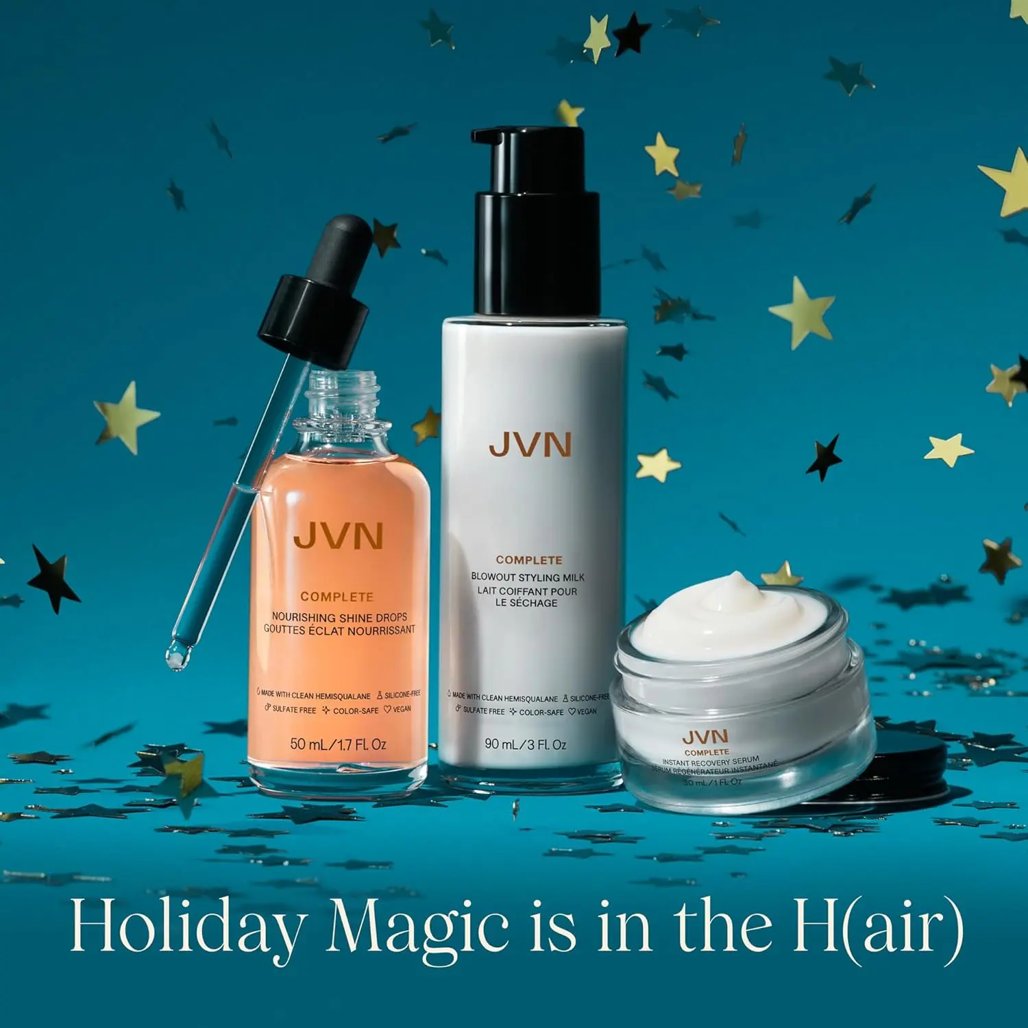 This three-piece JVN hair care set includes instant recovery serum, nourishing shine drops, and blowout styling milk to strengthen, add shine, improve manageability, and reduce frizz for all hair types.