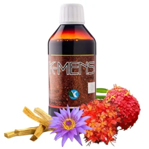 Three bottles of K-MENS tonic, a herbal supplement designed to help women find relief from menstrual cycle symptoms and support overall health and fitness.