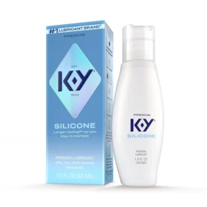A bottle of K-Y True Feel silicone lubricant, a long-lasting formula safe to use with latex, polyisoprene, and polyurethane condoms for enhanced pleasure.