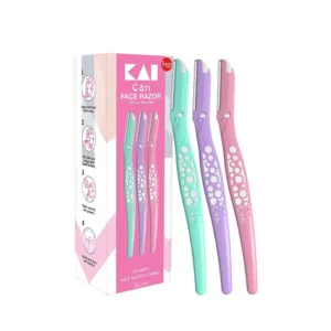 A pack of three Kai Can Bubble face razors for women, designed for easy and safe facial hair removal including eyebrows, upper lip, and peach fuzz.