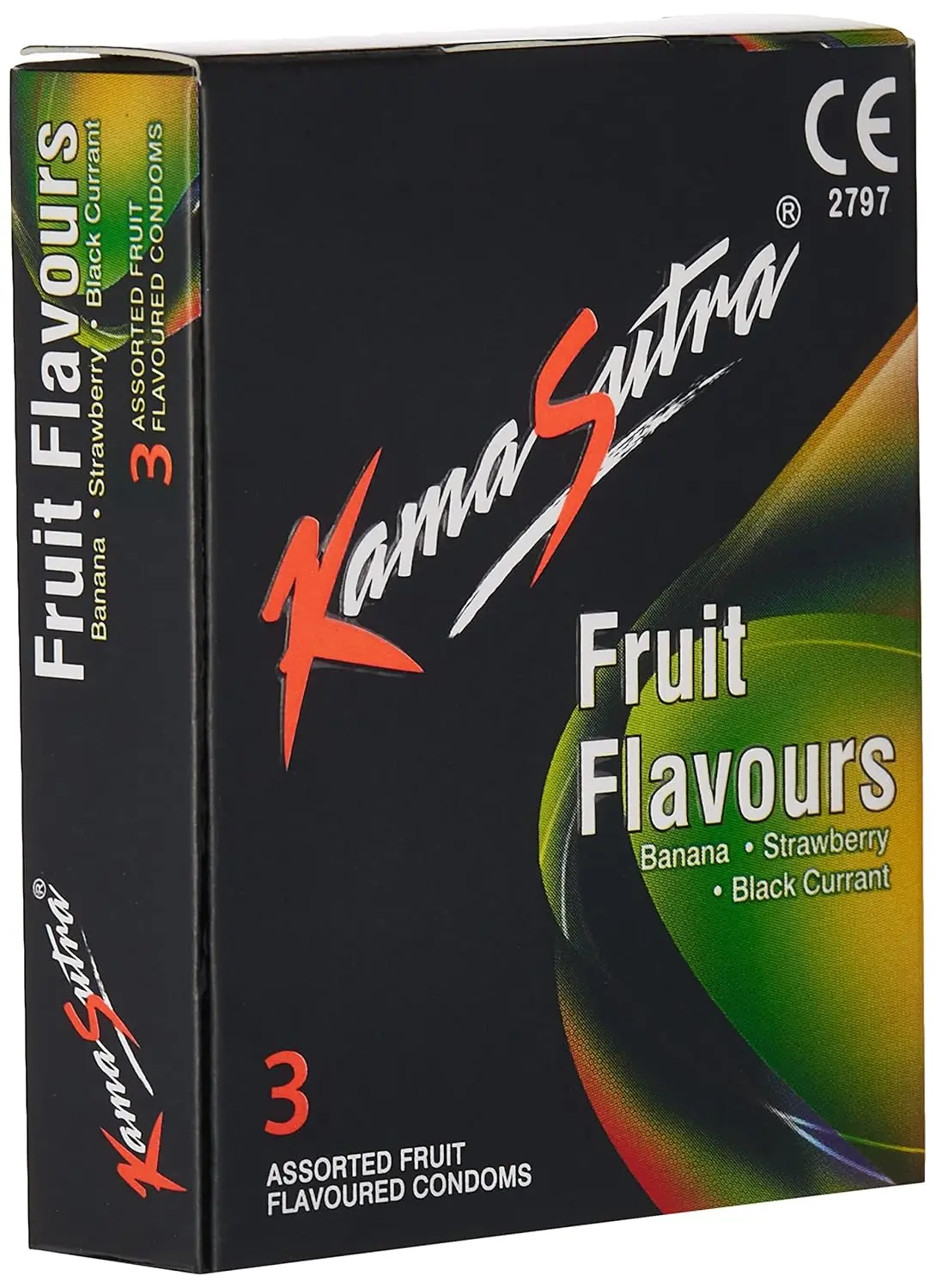 Three-pack of KAMASUTRA fruit flavored condoms for heightened pleasure and exciting sensations.