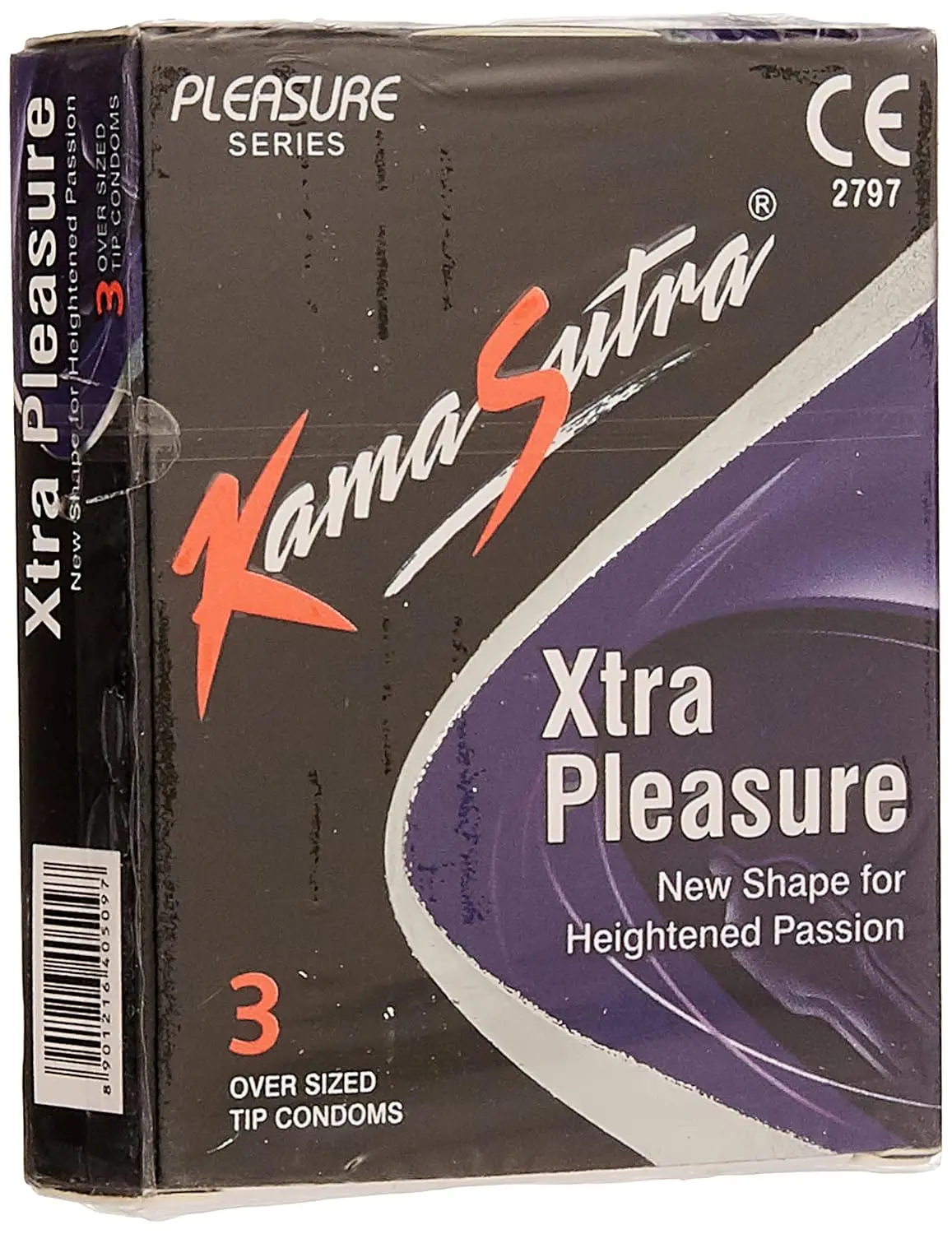This image shows a 3-pack of KAMASUTRA Condoms Xtra Pleasure, designed with an oversize tip and fitted shaft for heightened sensitivity and pleasure.