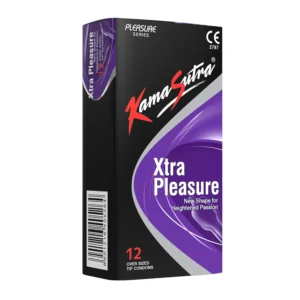 This is a pack of Kamasutra KS Xtra Pleasure condoms, designed with an oversize tip and fitted shaft to enhance sensitivity and pleasure.