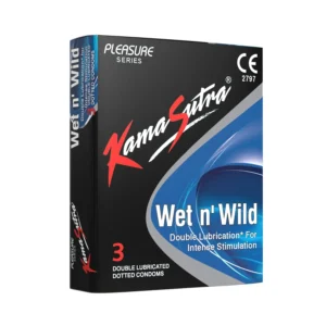 A pack of KAMASUTRA Wet n Wild condoms, offering extra lubrication for a heightened and frictionless sexual experience.