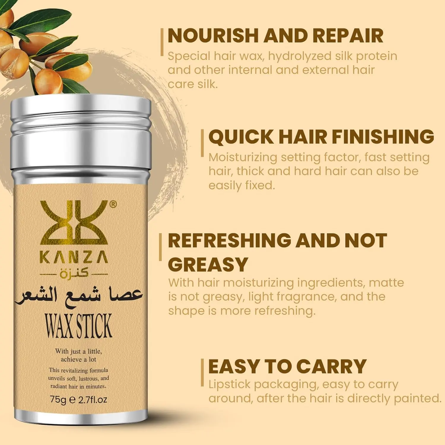 Kanza hair wax stick provides a strong hold and bright shine for all hair types, easily removed by combing and includes an edge control brush set for styling.