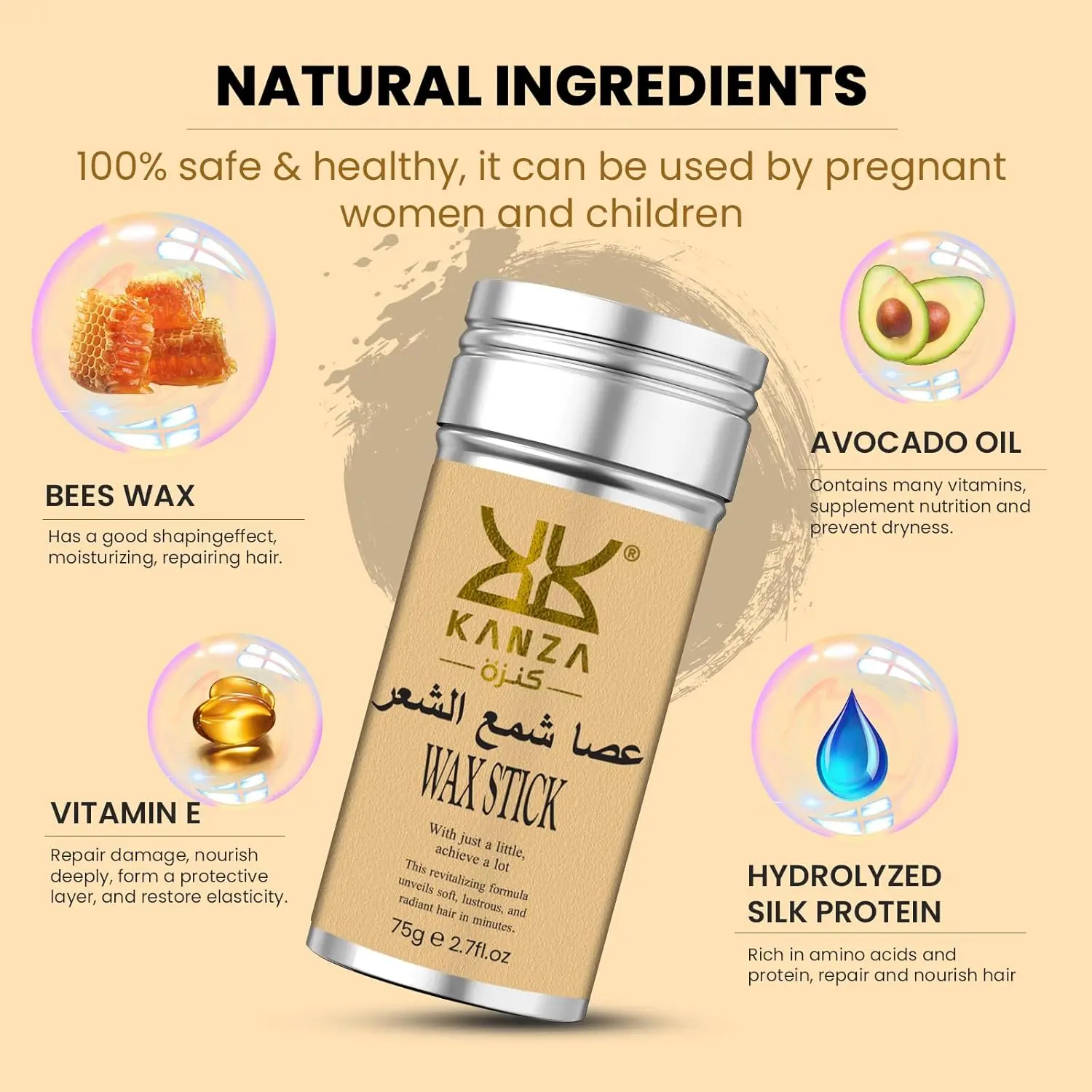 Kanza hair wax stick provides a strong hold and bright shine for all hair types, easily removed by combing and includes an edge control brush set for styling.