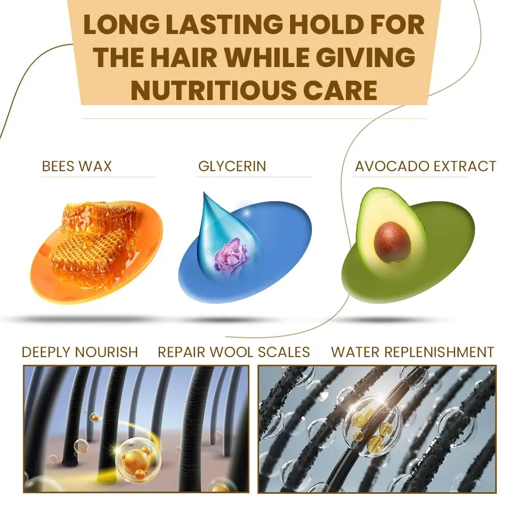 Kanza hair wax stick provides a strong hold and bright shine for all hair types, easily removed by combing and includes an edge control brush set for styling.