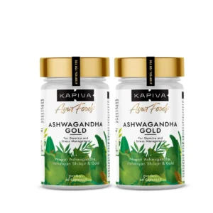 Kapiva Ashwagandha Gold capsules help reduce stress and improve energy with potent Nagori Ashwagandha, Shilajit, and Swarna Bhasma.