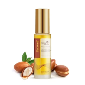 Bottle of Karseell argan oil hair serum to smooth frizz, add shine, and repair dry, damaged hair, leaving a charming scent.