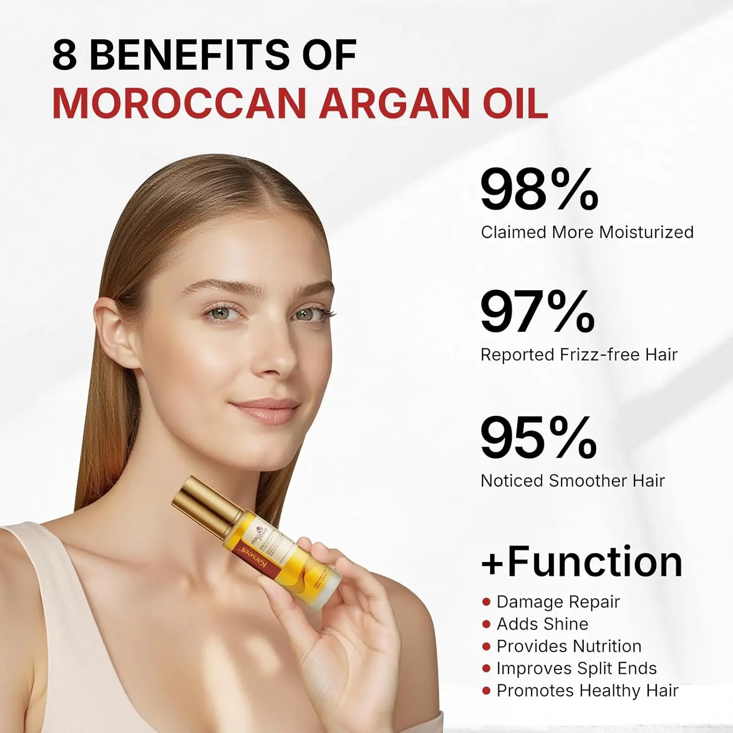Bottle of Karseell argan oil hair serum to smooth frizz, add shine, and repair dry, damaged hair, leaving a charming scent.