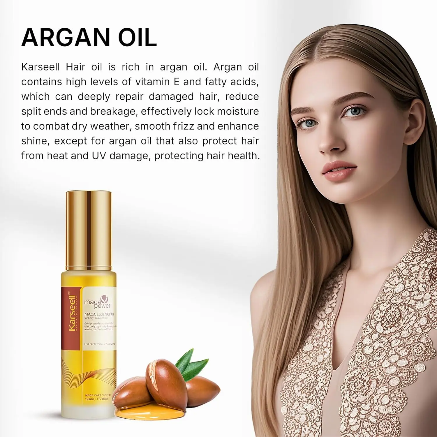 Bottle of Karseell argan oil hair serum to smooth frizz, add shine, and repair dry, damaged hair, leaving a charming scent.