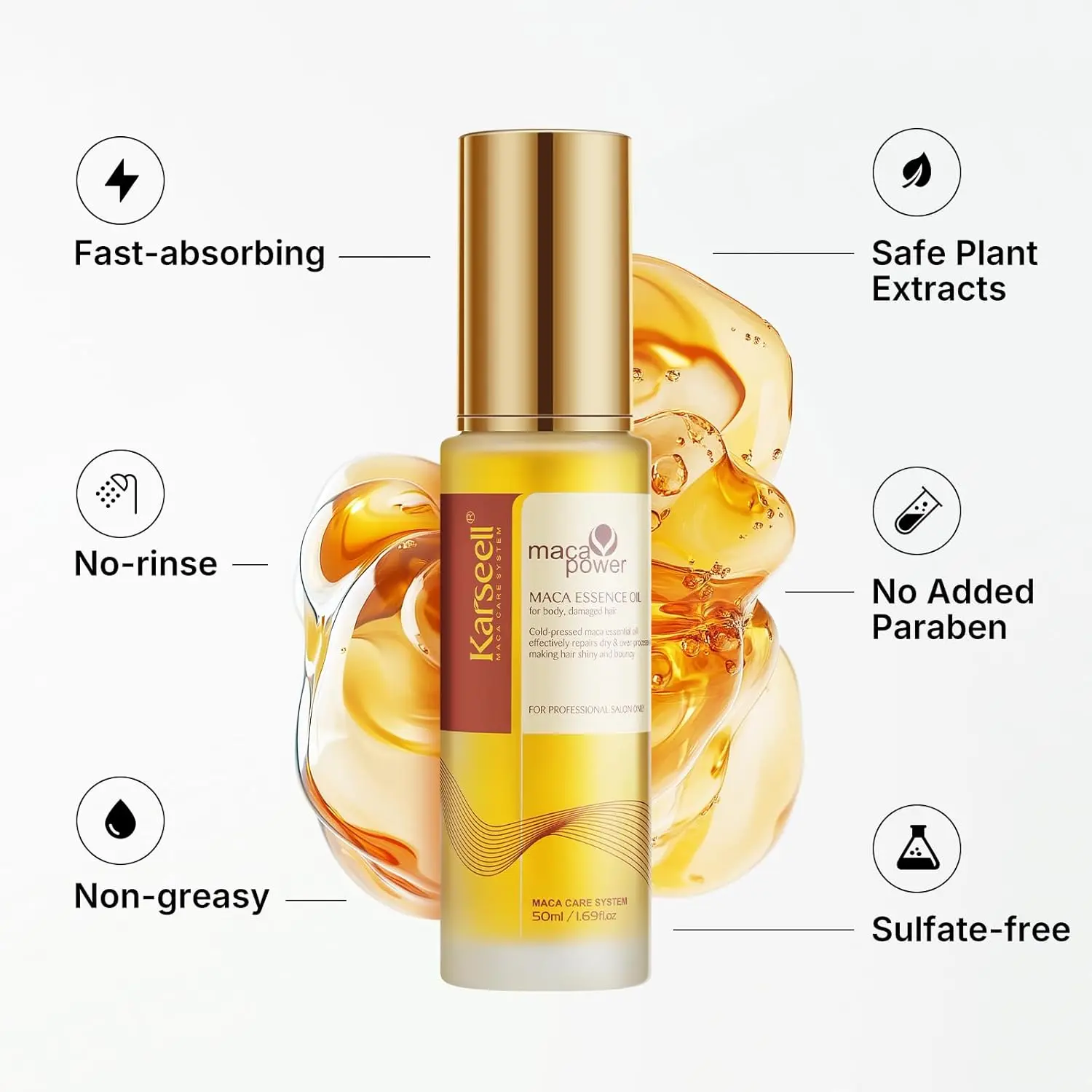 Bottle of Karseell argan oil hair serum to smooth frizz, add shine, and repair dry, damaged hair, leaving a charming scent.