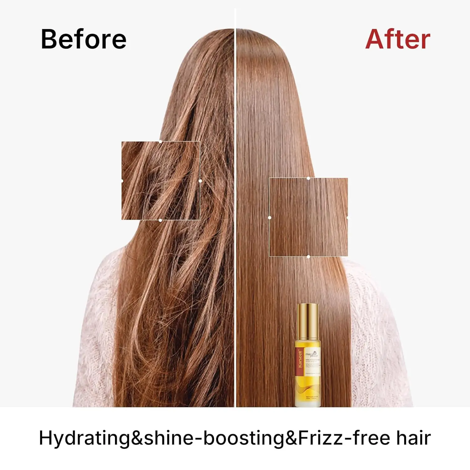 Bottle of Karseell argan oil hair serum to smooth frizz, add shine, and repair dry, damaged hair, leaving a charming scent.